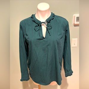 Free Assembly Women's Ruffle Collar Top, Long Sleeve Size:M Navy/green Striped
